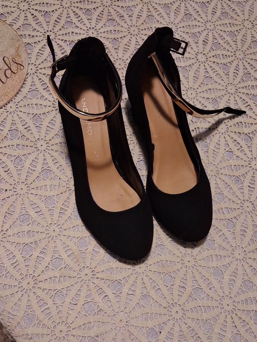 Black Ankle-Strap Pointed-Toe Heels with Gold Accent